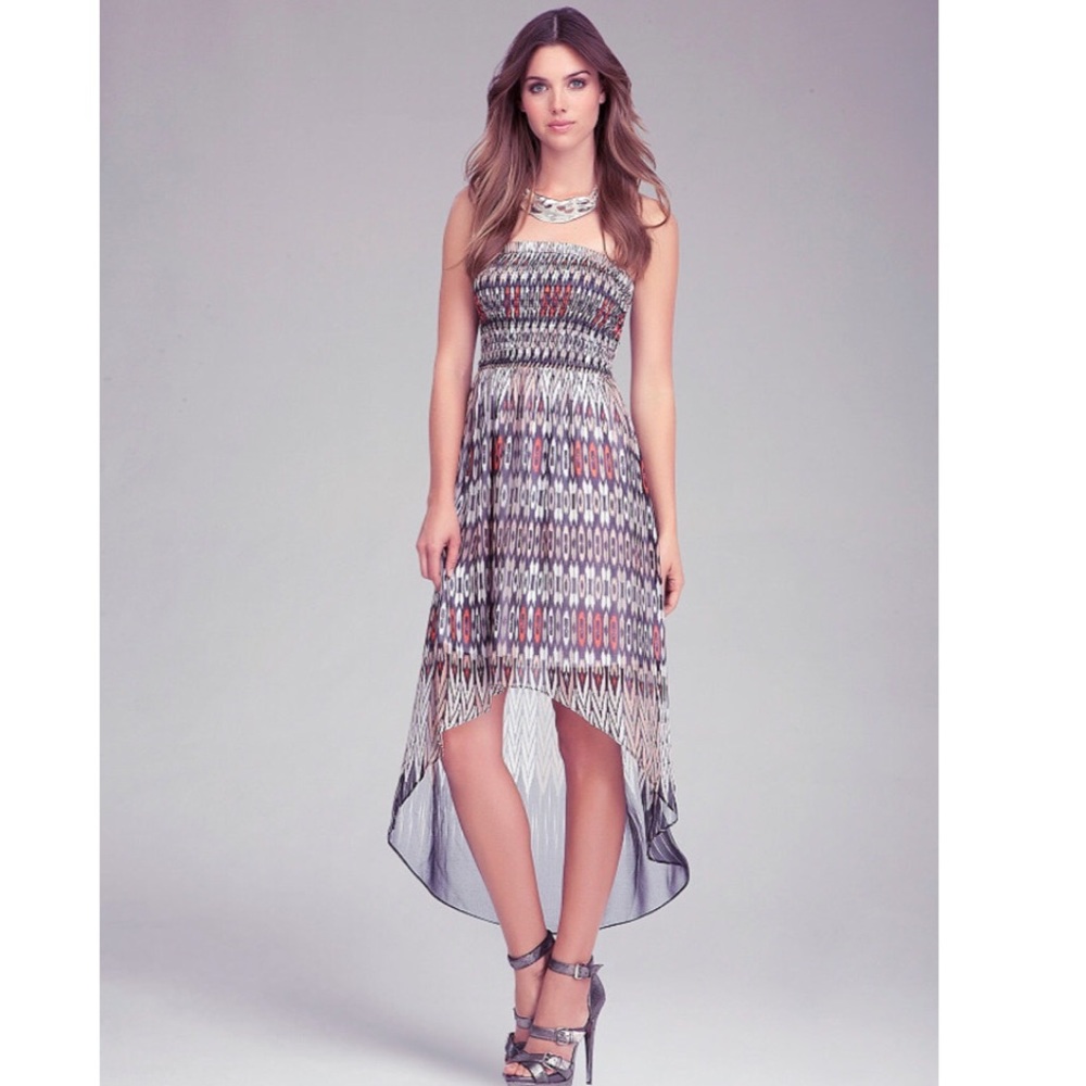 BEBE Strapless High Low Print Maxi Dress